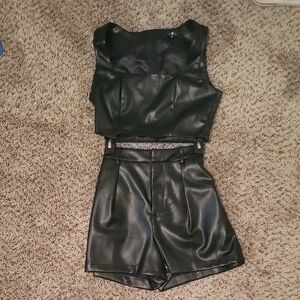 Black Faux Leather Crop Top and Shorts Set